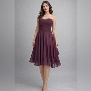 Strapless Chiffon Midi Dress Purple Pleated Bodice Prom Bridesmaid Formal Sz XS